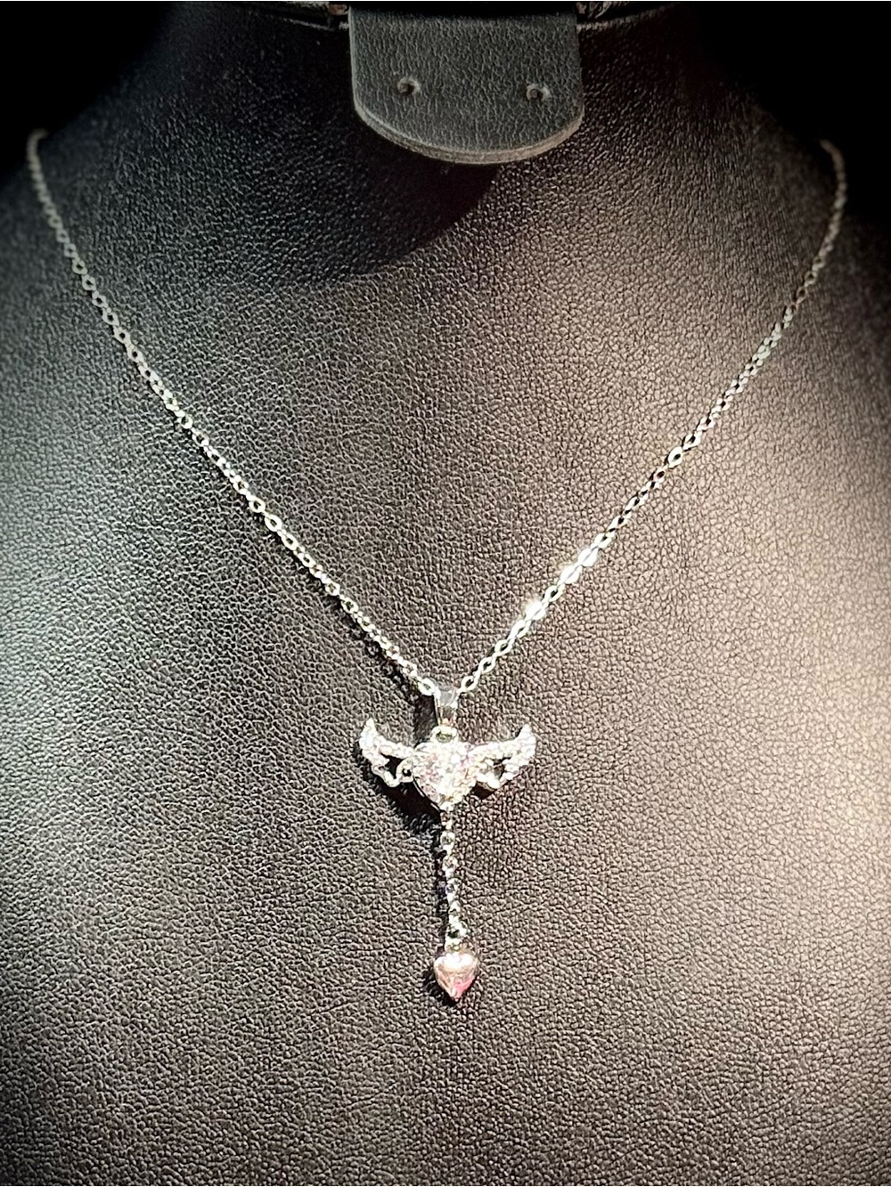 Silver Angel Wing Necklace with Heart Pendant
